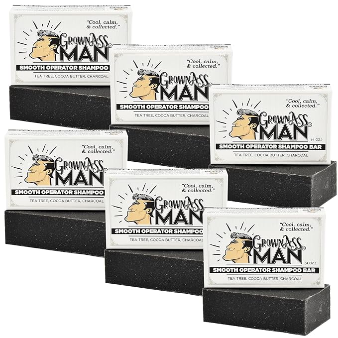Grown Ass Man Co. - Solid Shampoo Bar Rich Lather 3 in 1: Hair, Beard & Body Wash - Plastic Free & Eco-Friendly, Natural & Organic Clean for All Hair Types, 4oz Bar (Smooth Operator, 6-Pack)