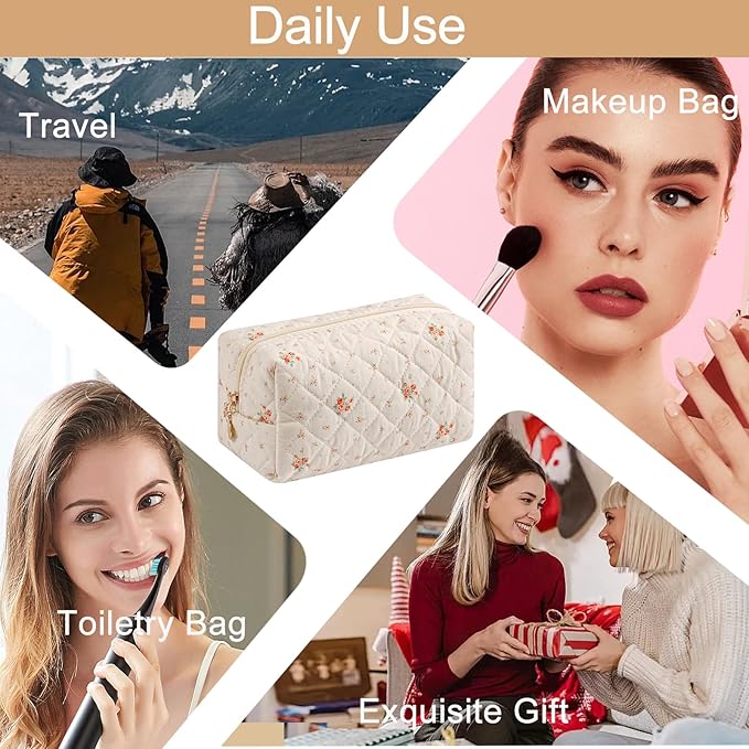 Makeup Bag Travel Cosmetic Bag for Women Girls, Zipper Make Up Pouch, Floral Flowers Toiletry Organizer Makeup, Portable Storage Bag, Cosmetic Travel Cloth Bag (White Small Flower)
