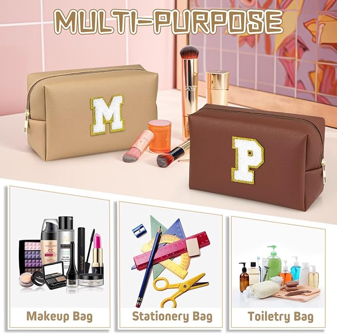 TOPEAST Initial Makeup Bags for Women, Personalized Portable Cosmetic Bag for Travel, Cute Makeup Pouch, PU Leather Waterproof Toiletry Bag, Preppy Things for Girl (Khaki V)