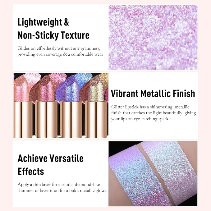 Gold Holographic Glitter Lipstick Makeup, Metallic Lip Stick Long Lasting Lightweight Non-Sticky Hydrating Lip Tinted Full Coverage High-Shine Shimmer Chameleon Lipstick for Women