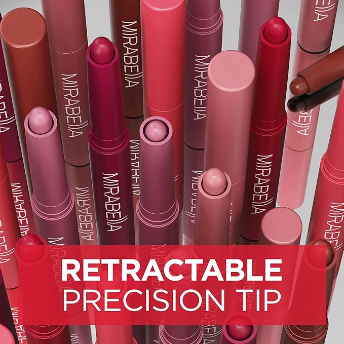 Mirabella - Velvet Matte Lip Crayon, Retractable Highly-Pigmented 2-in-1 Makeup, Long-Lasting Hydrating Lipstick Crayon + Lip Liner, Moisturizing Cream-to-Matte Lipcare Formula, Gameday Red