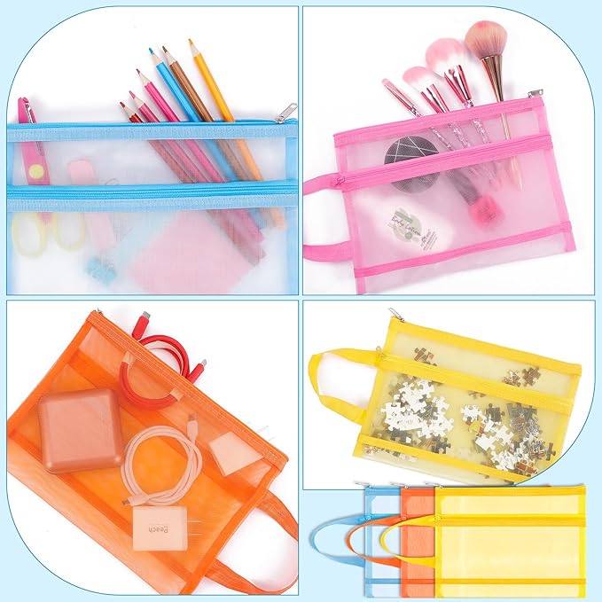 6 Pack Mesh Zipper Pouch Bags, Double Layer Nylon Pouch with Handle for Office Travel Organization (Pink, A4)