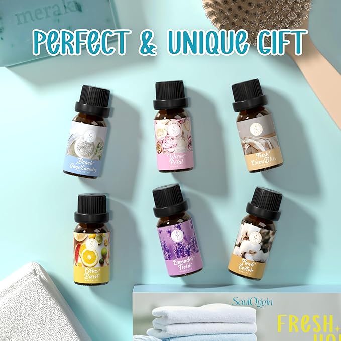 Clean Essential Oils Set, SoulOrigin Fragrance Oil Gift Set for Oil Diffusers, Scented Oils 6x10ml - Beach Sage Laundry Detergent, Citrus Burst, Lavender Fields, Fresh Linen, Warm Petals, Fresh Cotton