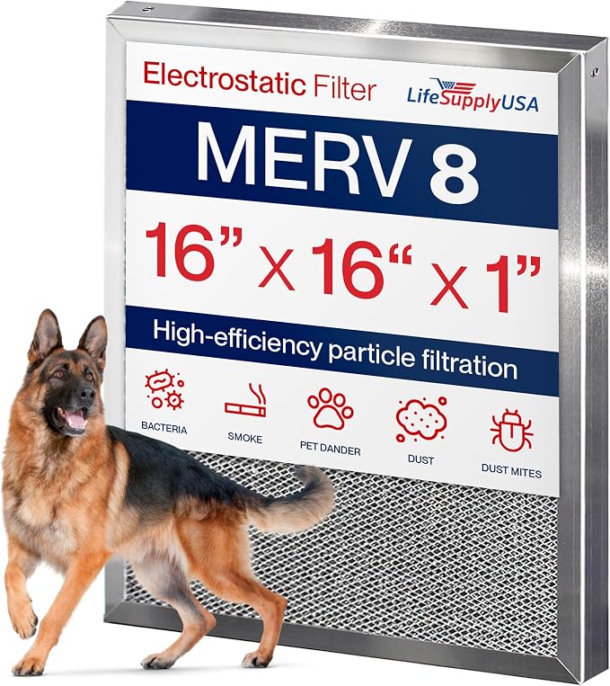 16x16x1 Electrostatic Air Filter, MERV 8, Reusable Furnace AC/HVAC Filter by LifeSupplyUSA