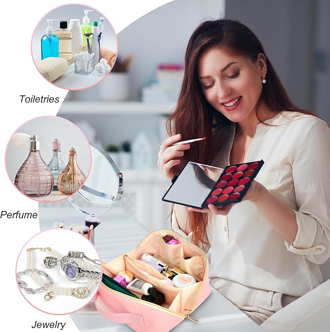 for Christmas Day Gifts, Makeup Bag for Women, PU Leather Travel Toiletry Bags, Initial Make Up Cosmetic Pouch for Teen Girls, Wide Open Portable Skincare Bag, Personalized Birthday Gifts, Pink P