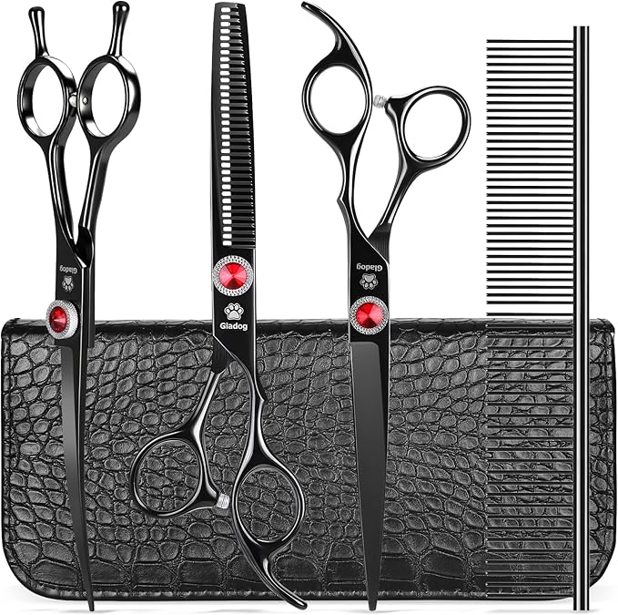 GLADOG 7 Inch Professional Dog Grooming Scissors Kit, 5-in-1 Titanium Coated Pet Grooming Shears Set, Heavy Duty Grooming Scissors for Dogs (Pro Black)