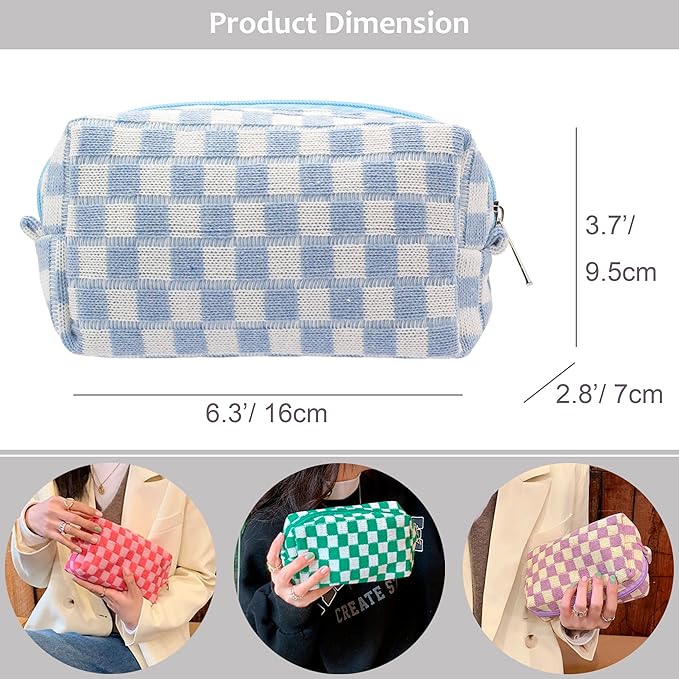 PAZIMIIK Checkered Makeup Bag for Purse Portable Zipper Make Up Pouch Small Cosmetic Case for Travel Accessories (Blue)