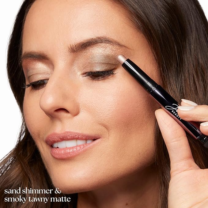 Julep Eyeshadow 101 Crème-to-Powder Waterproof Eyeshadow Stick Duo – Long-Lasting, Crease-Proof, Easy Apply with Built-in Smudger - Sand Shimmer and Smoky Tawny Matte