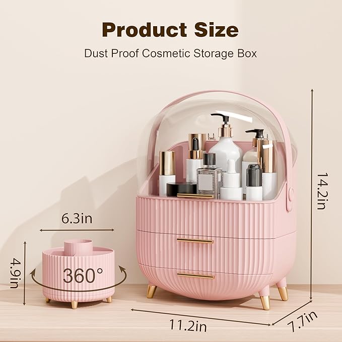 Makeup Organizers and Storage Make up Organizer for Vanity Cosmetics Skincare With Lid and Drawers Display Cases for Countertop Bathroom Women Teenager Girl Gifts(Pink+Brush Holder)