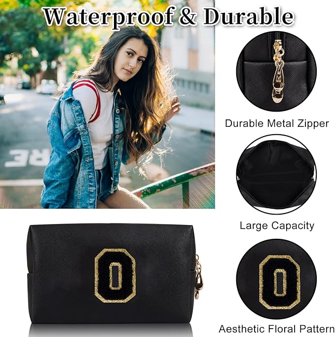Personalized Initial Letter Patch Makeup Bag, Preppy Portable Chenille Cosmetic Bag with Zipper, PU Leather Waterproof Travel Toiletry Bag Monogram Make Up Pouch for Women Girls