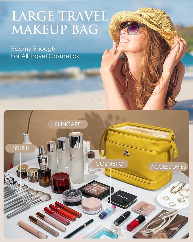 Birthday Presents for Women, Initial Makeup Bag, Travel Gifts, Personalized Bags, Waterproof Double Layer Cosmetic Bag, PU Leather Makeup Bags Letter Travel Toiletry Bag, Friend Gifts