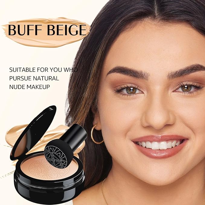 Mushroom Head Air Cushion CC Cream - Tattoo Cover up Makeup Waterproof Long-Lasting Moisturizing Concealer Foundation, Even Skin Tone for All Skin Types (Buff Beige)