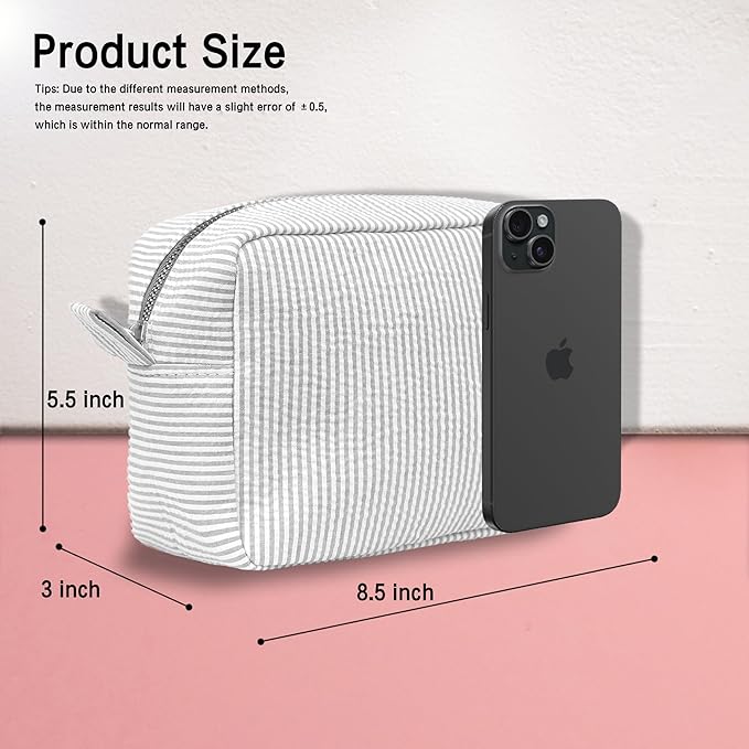 MT WORLD Personalized Makeup Bag Cute Cotton Cosmetic Bag for Women Seersucker Bridesmaid Travel Makeup Bag for Girls Aesthetic Toiletry Bag Organizer Storage Pouch (Grey)