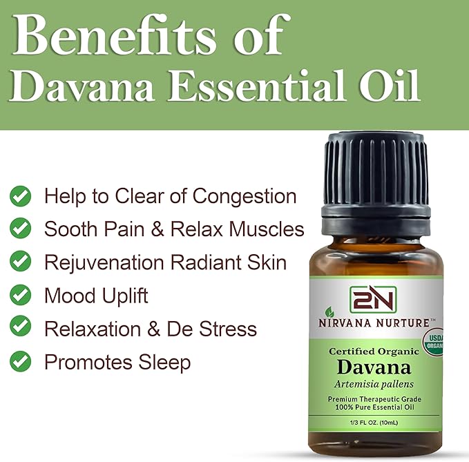 Davana Essential Oil USDA Certified Organic 100% Pure Premium Therapeutic Grade, Undiluted - Aromatherapy Diffuser for Calm and Relaxation, Skin Care, Hair Care