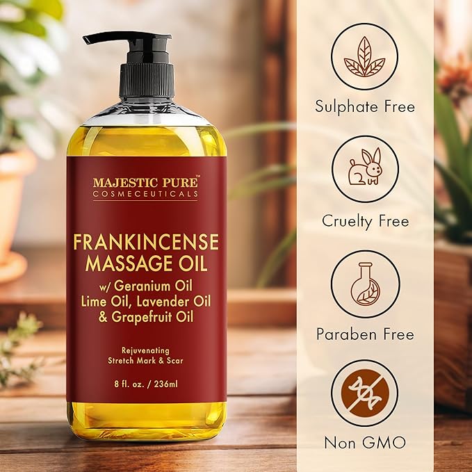 MAJESTIC PURE Frankincense Scar and Stretch Massage Oil for Massage Therapy - Refreshing, and Relaxing - Natural Oils with Frankincense Essential Oil - for All Skin Types - Men and Women - 8 fl oz