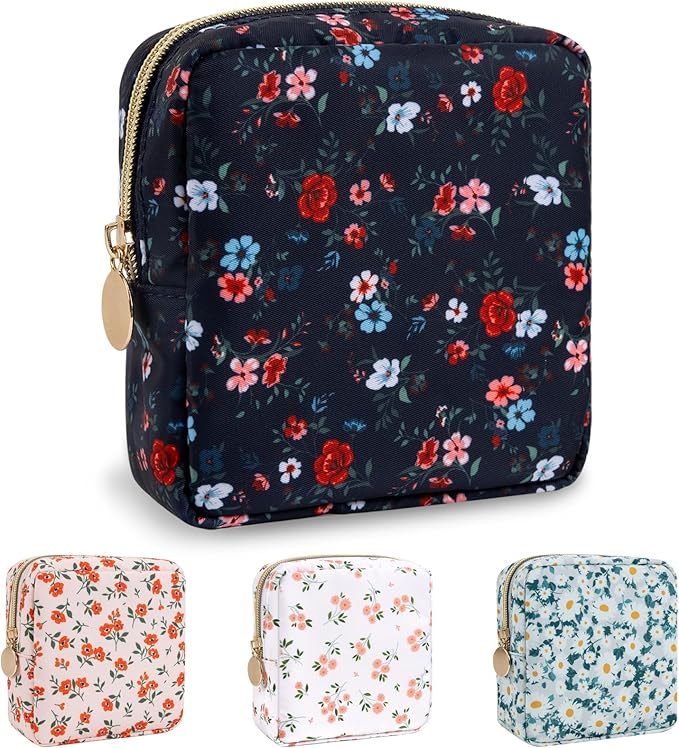Nylon Mini Floral Makeup Bag for Purse, Small Cute Makeup Bag Preppy Cosmetic Zipper Pouch Purse, Waterproof Travel Coin Pouch Sanitary Napkin Storage Bag Makeup Organizer for Women(Navy Blue-Flower)