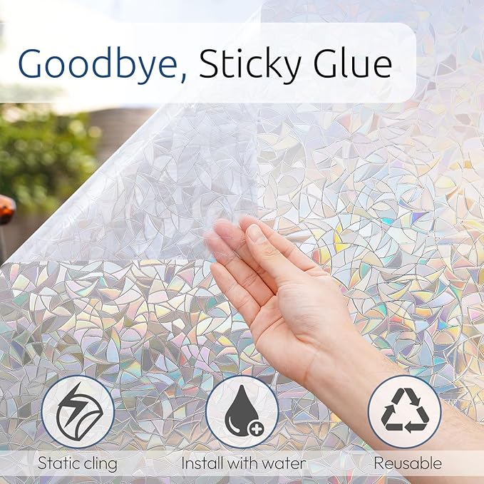 rabbitgoo Window Privacy Film Rainbow Film Decorative Window Sticker, 3D Static Stained Glass Cling Tint for Home Heat Control Non-Adhesive, 35.4 x 78.7 inches