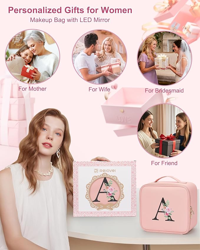 Relavel Initial Makeup Bag with LED Mirror for Women Girls, Personalized Travel Cosmetic Organizer Train Case, Birthday Gifts for Grandkids Bridesmaid Graduation Teacher Friends, Trendy Stuff, Pink E