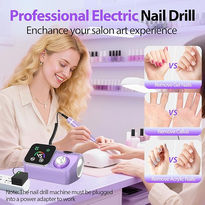 Professional Electric Nail Drill E-File Machine - 45,000 RPM Corded Nail Drills Kit with Low Noise & LED Display for Shaping, Removing & Polishing Acrylic Gel Nails for Salon Home