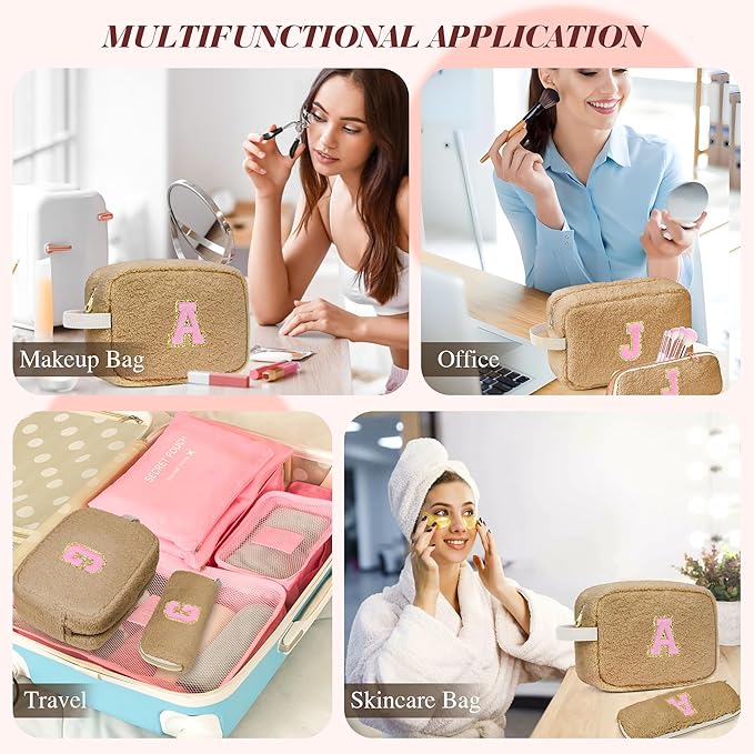for Christmas Day Gifts, Personalized Initial Cosmetic Bag Pouch for Teen Girls, Preppy Makeup Travel Bags for Daughter Sister Girlfriend, Monogramed Make Up Pouch for Birthday Gifts - Brown F