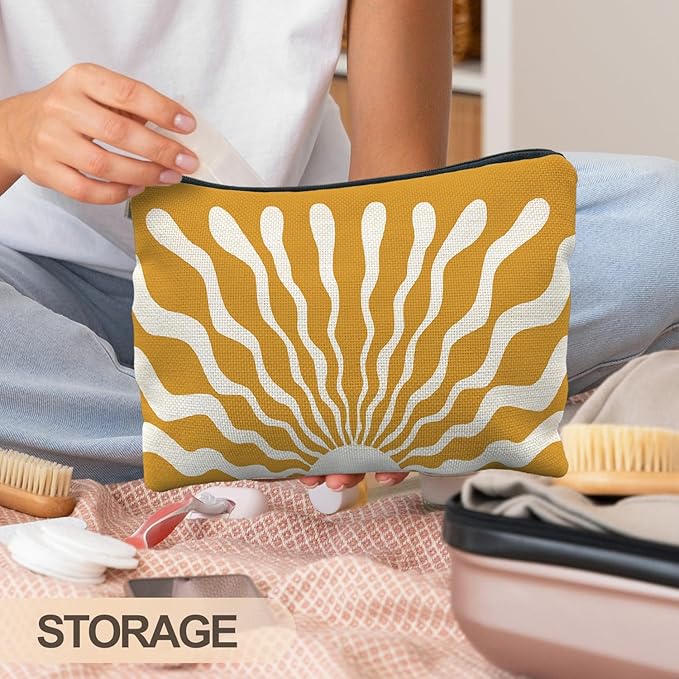 Abstract Groovy Boho Sun Sunshine Makeup Bag, Sunshine Gifts Cosmetic Bags for Women, Boho Gifts for Women, Retro Mid Century Modern Art Zipper Makeup Pouch