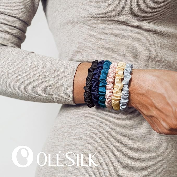 OLESILK Silk Hair Ties for Women: 100% Mulberry Skinny Silk Scrunchies, Soft Smooth No Damage No Crease for Thin Fine Curly Hair 5 Pack, Multi