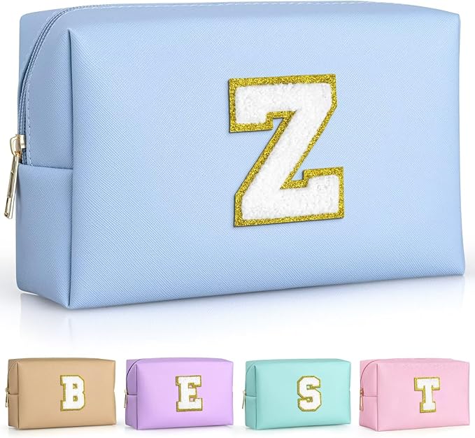 TOPEAST Preppy Makeup Bag, Small Cosmetic Travel Bags for Women, PU Leather Waterproof Toiletry Bag with Zipper, Personalized Birthday Gift for Women Girl, Preppy Gifts for Girl (Sky Blue Z)