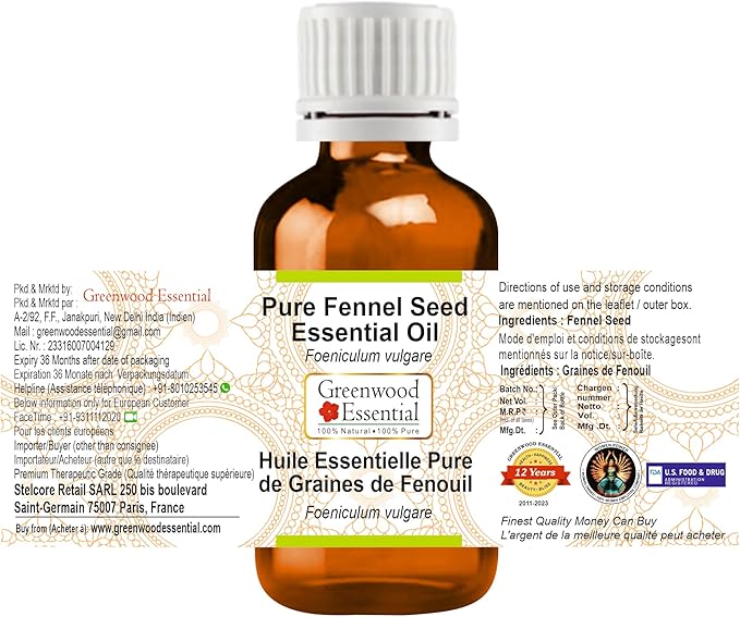 Greenwood Essential Pure Fennel Seed Essential Oil (Foeniculum vulgare) Steam Distilled 5ml (0.16 oz)