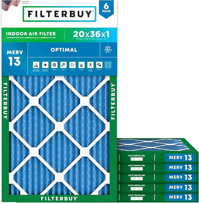 Filterbuy 20x36x1 Air Filter MERV 13 Optimal Smoke & Allergy Defense, by Filterbuy