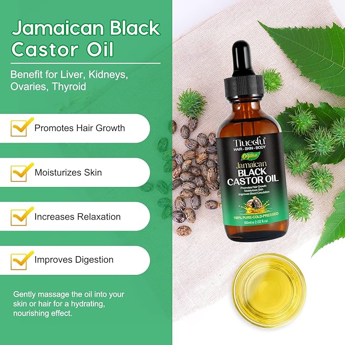 Tiuedu 2PCS Jamaican Black Castor Oil for Hair Growth,Thicker Eyelashes & Eyebrows,Castor Oil for Face,Body & Skin,100% Pure Cold Pressed Black Castor Oil,Hair Nourishing Oil