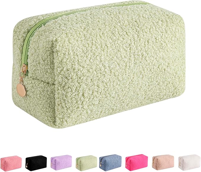 JOVAKIT Travel Makeup Bag Cosmetic Bag for Women, Fashion Christmas Gifts, Plush Zipper Make Up Pouch, Large Capacity Toiletry Organizer Makeup, Portable Storage Bag Trendy Stuff (Khaki)