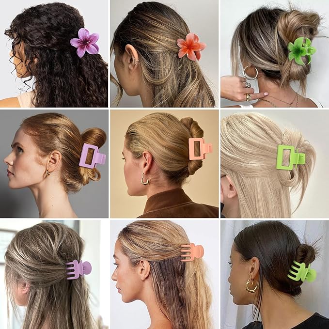 3 Styles Medium Hair Clips for Women 9 Pcs Small Claw Clips for Thin Hair Flower Hair Clips for Thick Hair Square Hair Claw Clips for Girls Hawaiian Plumeria Hair Accessories for Women (Purple)
