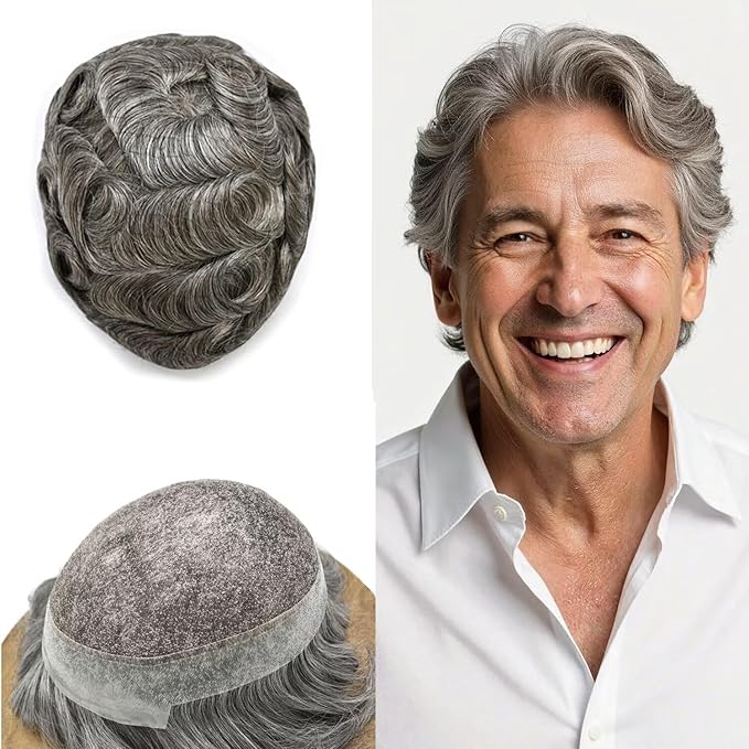 Mens Toupee Human Hair Piece French Lace Toupee for Man Hair System Indian Human Hair Replacement Systems V-Looped PU Front Hairpieces 6"X9" #260 Darkest Brown with 60% Gray