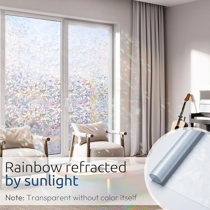 rabbitgoo Window Privacy Film Rainbow Film Decorative Window Sticker, 3D Static Stained Glass Cling Tint for Home Heat Control Non-Adhesive, 35.4 x 78.7 inches