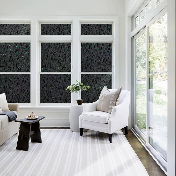 QHY Sunshine Total Blackout Window Film Privacy， Frosted Glass Window Film，Black Window Tint， No Glue， Detachable, no Marks, Suitable for Repeated use (Black, 35.4 in X 157.4 in)