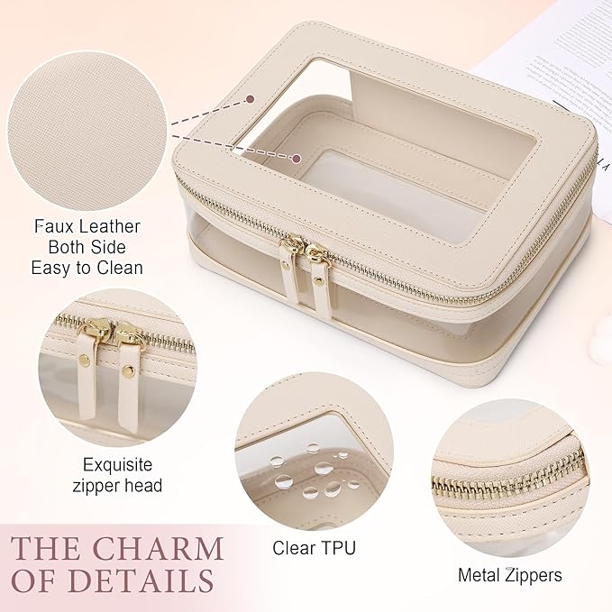 Pinkmik Clear Makeup Bag with Zipper Waterproof Travel Makeup Set for Cosmetics and Toiletries Women's Purse Organizer and Car Essentials (Beige, M+MINI-1)