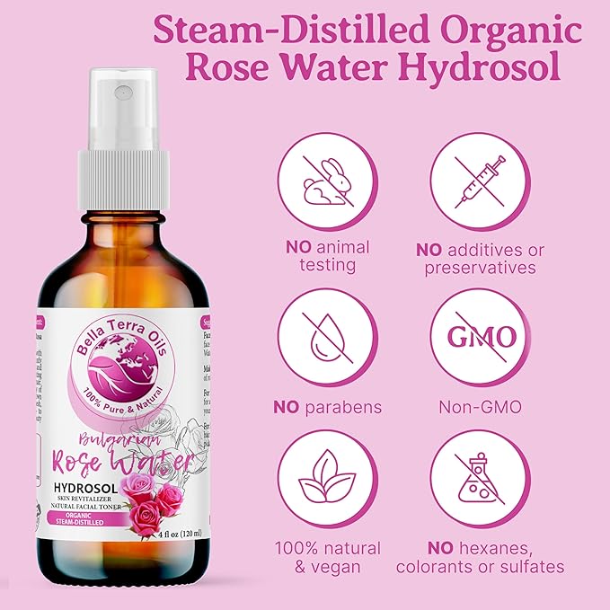 Bella Terra Oils - Organic Rose Water Mist 16oz - Infused with Authentic Rose Essence, Elevate Your Daily Beauty Ritual, Essential for Skin Hydration