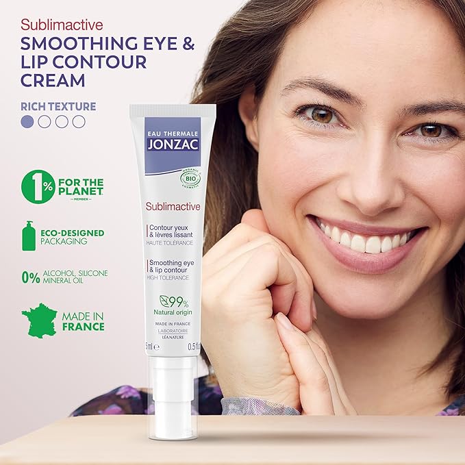 Eau Thermale Jonzac Sublimactive Organic Anti-Aging Eye & Lip Contour Cream - Reduces Fine Lines and Puffy Eyes - Dark Circles Reduced - Natural Skin Care - 0.5 fl oz