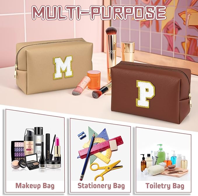 TOPEAST Personalized Birthday Gifts for Women, Preppy Patch Makeup Bag, Chenille Letter Pouch Cosmetic Bag, Travel Organizer, Gifts for Friends, Cute Stuff for Women (Brown L)