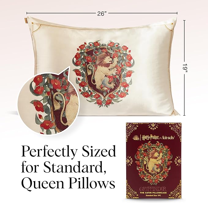 Kitsch x Harry Potter Gryffindor Satin Pillowcase w/Zipper for Hair & Skin - Double-Sided, Softer Than Silk, Wrinkle-Free, Machine Washable, Frizz Control, Breakout Prevention - Queen/Standard(19x26)