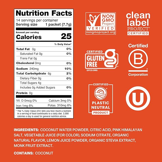 Cure Hydration | Plant-Based Electrolyte Drink Mix | No Added Sugar | FSA-HSA | Dehydration Relief Powder Made with Coconut Water | Non-GMO | Vegan | Pouch of 14 Packets - Blood Orange
