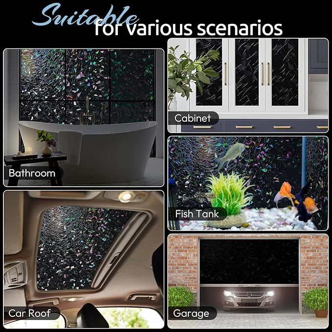 rabbitgoo Window Privacy Film Rainbow Film Decorative Window Sticker, 3D Static Stained Glass Cling Tint for Room Darkening Day Sleep, Black, 29.5 x 157.4 inches