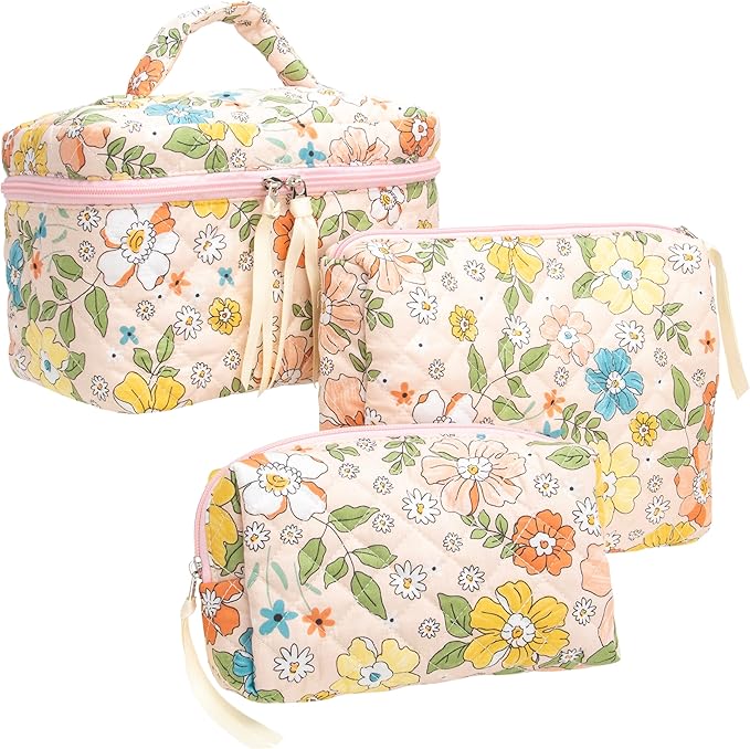 PAZIMIIK 3PCS Makeup Bag SET Large Travel Quilted Zipper Soft Cosmetic Case Pouch for Women Girls Make Up,Floral Orange