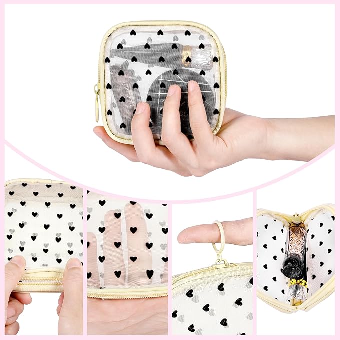 4 Pieces Mini Zipper Nylon Mesh Pouch, Mesh Cosmetic Bags Makeup Bags, Multipurpose Travel Toiletry Bags for Office Supplies and Travel Accessories (Heart Print-Beige, S)