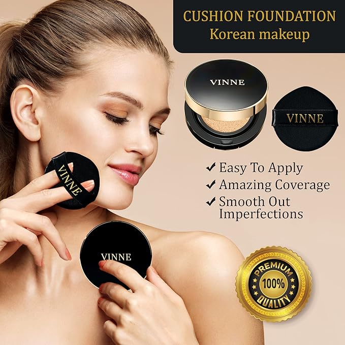 VINNE Korean Cushion Foundation, Lightweight, Essence Makeup Natural and Dewy Finish, 12-Hour Lasting Effect, 0.42 Oz- #21 Light Beige (Refill Not Included)