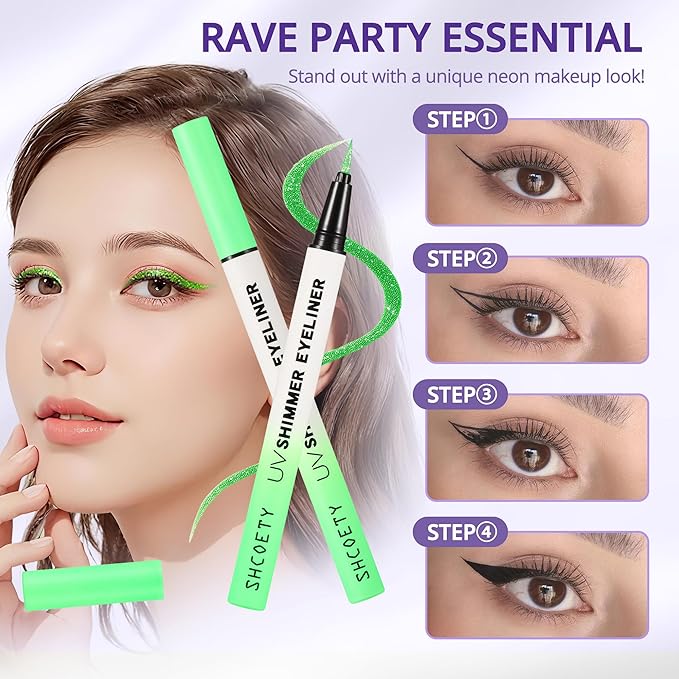 Metallic Neon Liquid Eyeliner, Glitter Neon Colored Eyeliners Pen, High Pigmented, Waterproof Smudge-Proof and Long-Lasting Metallic Eye Makeup for Halloween Christmas, Shimmer Green