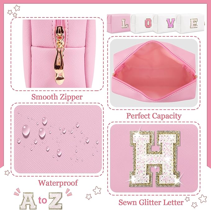 Personalized Initial Makeup Bag, Small Glitter Letter Patch Cosmetic Pouch Zipper, Preppy Makeup Organizer PU Waterproof Travel Toiletry Bag,Monogrammed Birthday Gift for Women Girls(Letter H)