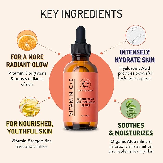 Eve Hansen Vitamin C Serum for Face - Facial Serum with Hyaluronic Acid, Vitamin E and Aloe Vera 2 oz - for softer, smoother, and more refined Skin