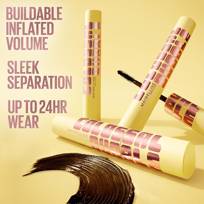 Maybelline The Colossal Bubble Washable Mascara, Buildable Mascara Volume and Length Formula for Bold, Separated Lashes, Blackest Black, 1 Count