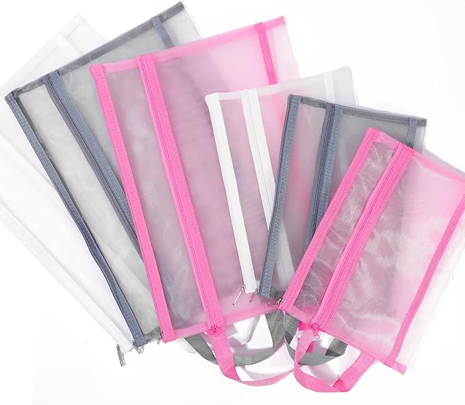 6 Pack Mesh Zipper Pouch Bags, Double Layer Nylon Pouch with Handle for Office Travel Organization (Orange, A4)